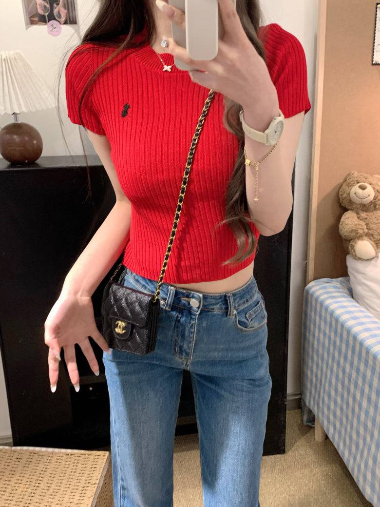 OOTDAY embroidered knit t-shirt, slim fit summer tee for women, sweet soft cotton top, breathable short sleeve knitwear, vintage style summer tee