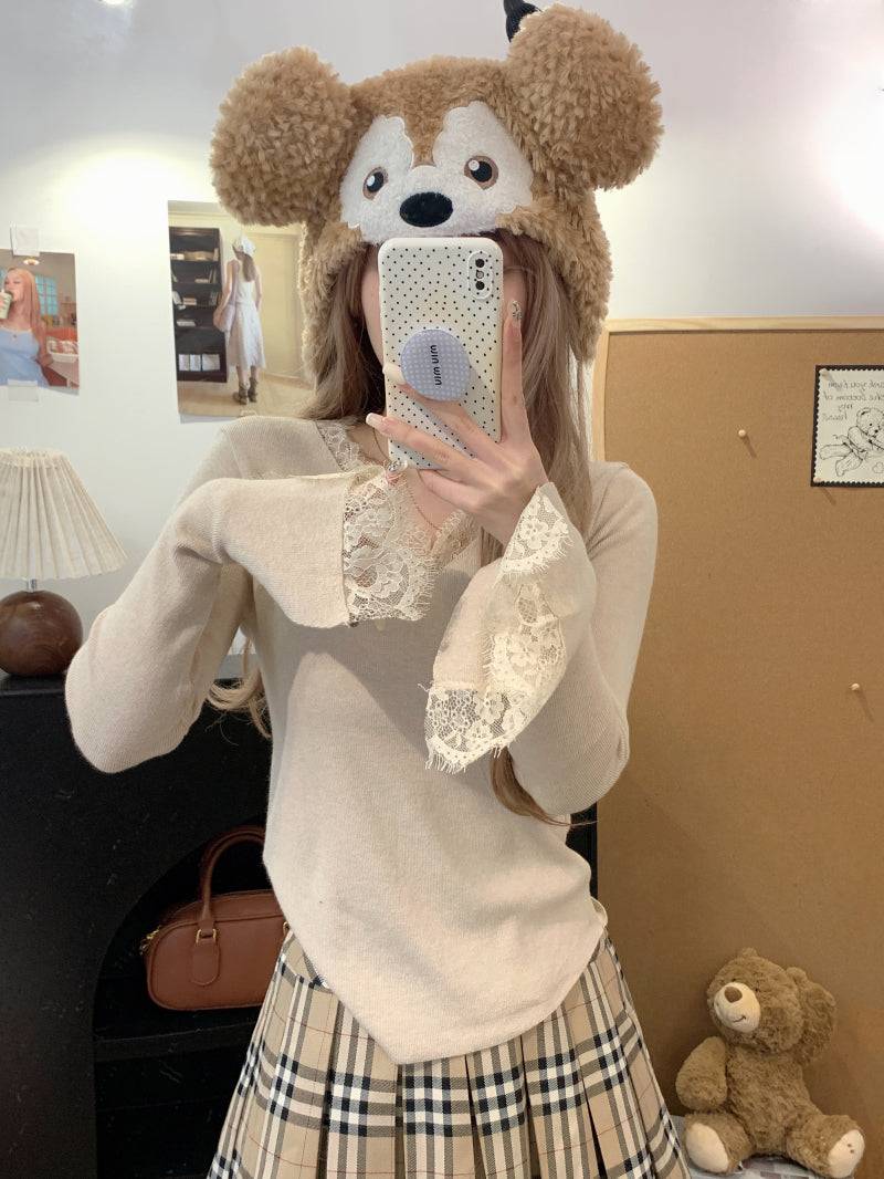 French lace knit top, V-neck pullover for girls, slim fit base layer, soft girl sweater spring, OOTDAY fashion