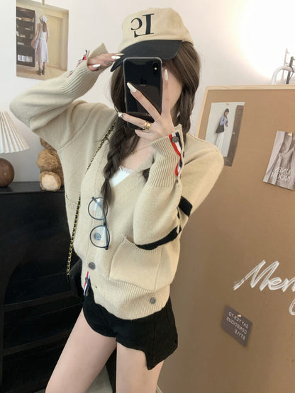 OOTDAY vintage knit cardigan, khaki striped sweater, oversized knit jacket, loose fit fall cardigan, sweet streetwear cardigan