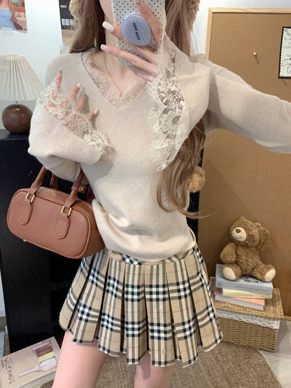 French lace knit top, V-neck pullover for girls, slim fit base layer, soft girl sweater spring, OOTDAY fashion