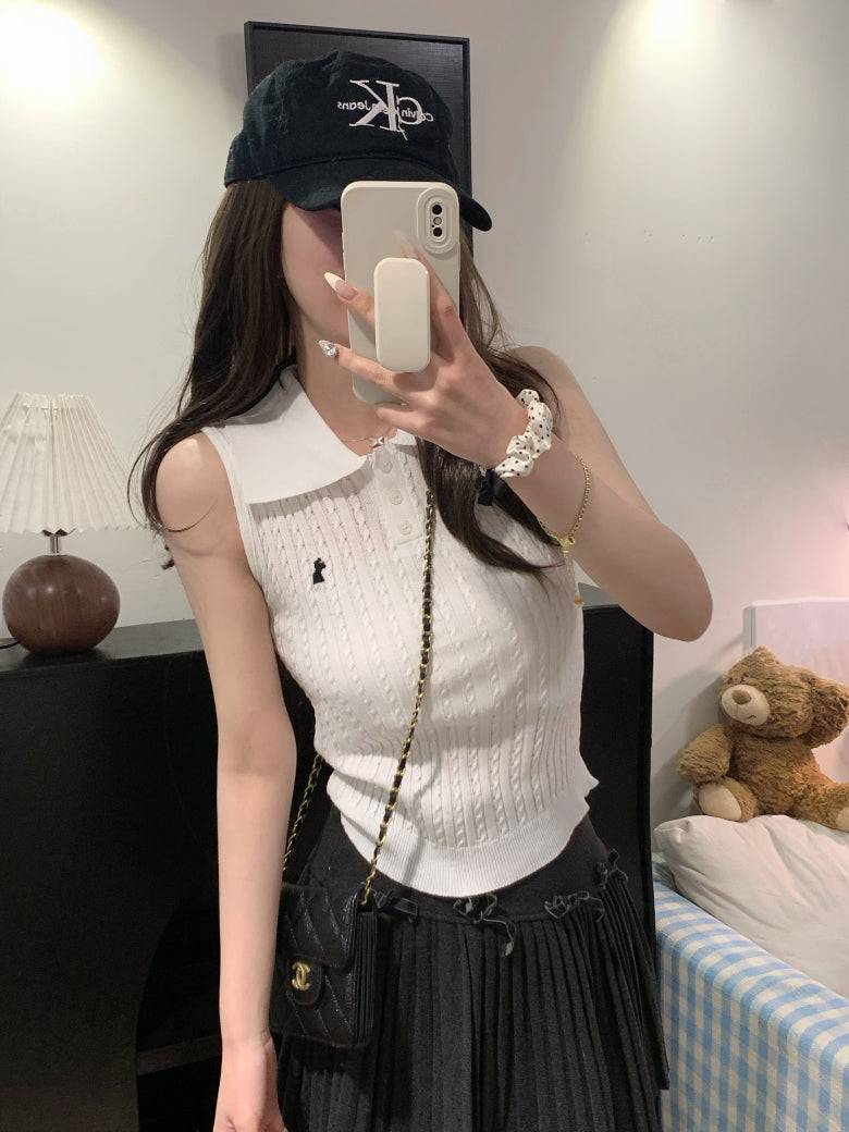 OOTDAY polo knit tank top, striped ice silk sleeveless top, breathable slim knitwear, summer tank for women, versatile knit vest with collar