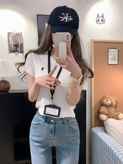 OOTDAY embroidered knit t-shirt, slim fit summer tee for women, sweet soft cotton top, breathable short sleeve knitwear, vintage style summer tee