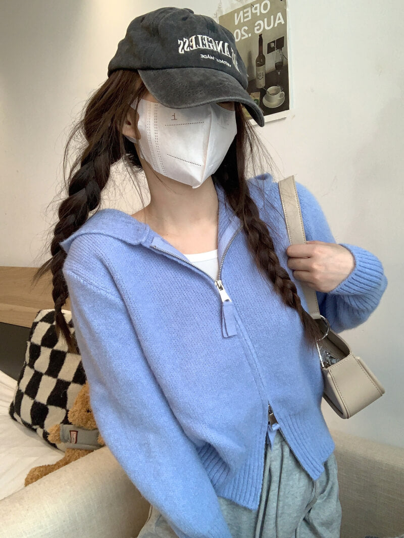 Double zipper knit hoodie cardigan, pastel slim-fit hooded sweater