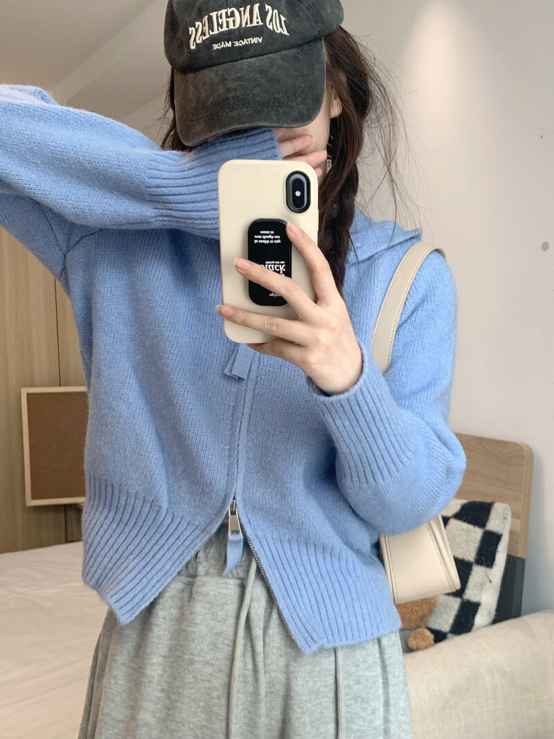 Double zipper knit hoodie cardigan, pastel slim-fit hooded sweater