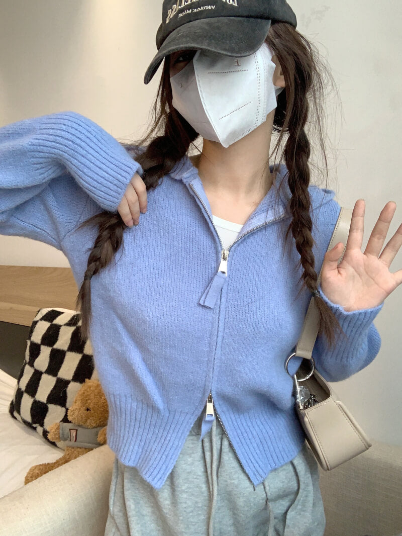Double zipper knit hoodie cardigan, pastel slim-fit hooded sweater