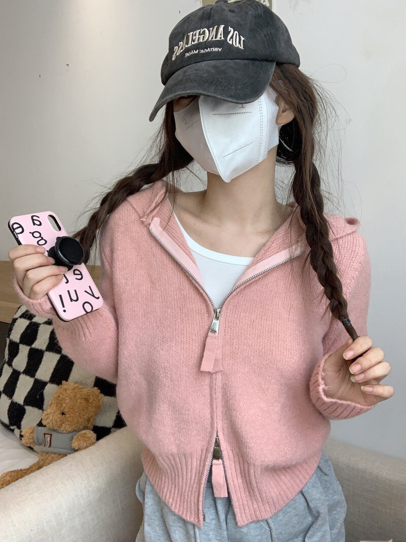Double zipper knit hoodie cardigan, pastel slim-fit hooded sweater