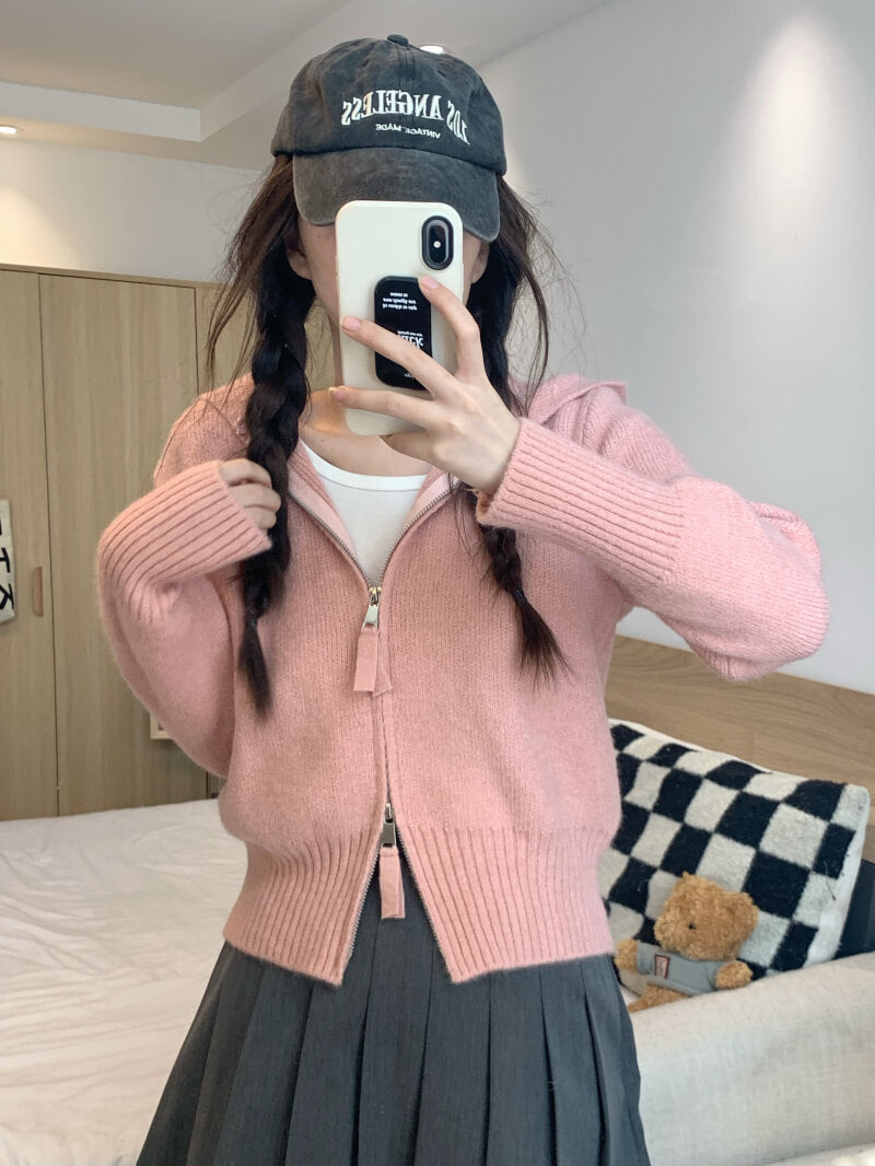 Double zipper knit hoodie cardigan, pastel slim-fit hooded sweater