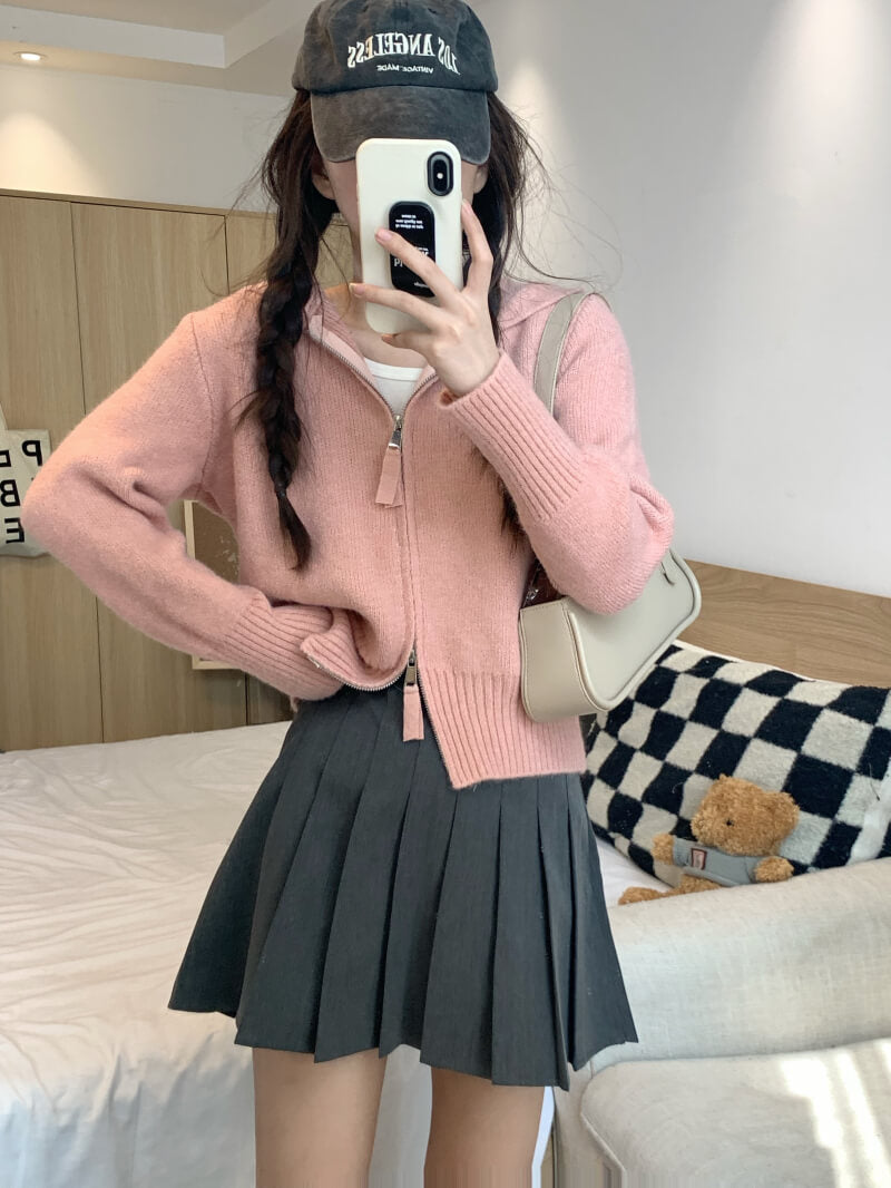 Double zipper knit hoodie cardigan, pastel slim-fit hooded sweater