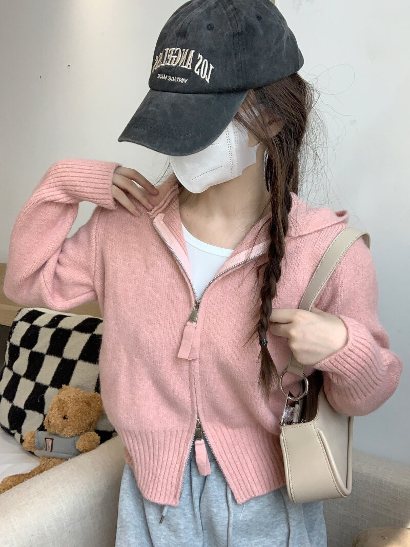 Double zipper knit hoodie cardigan, pastel slim-fit hooded sweater