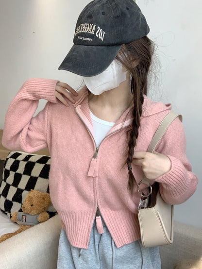 Double zipper knit hoodie cardigan, pastel slim-fit hooded sweater