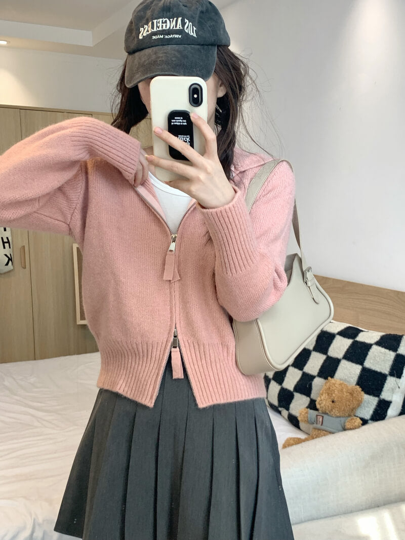 Double zipper knit hoodie cardigan, pastel slim-fit hooded sweater