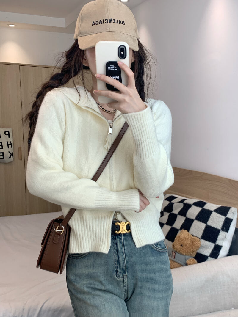 Double zipper knit hoodie cardigan, pastel slim-fit hooded sweater