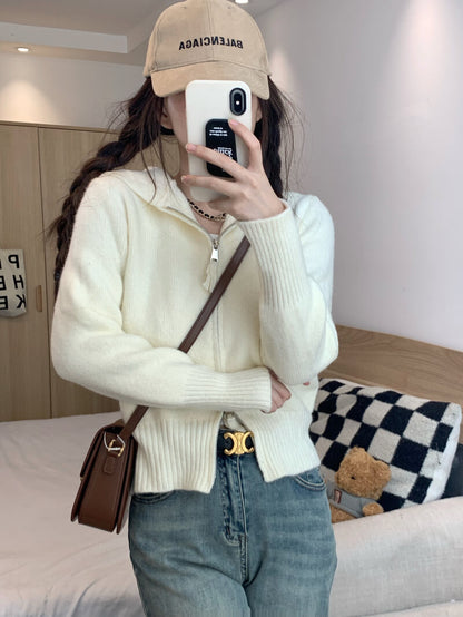 Double zipper knit hoodie cardigan, pastel slim-fit hooded sweater