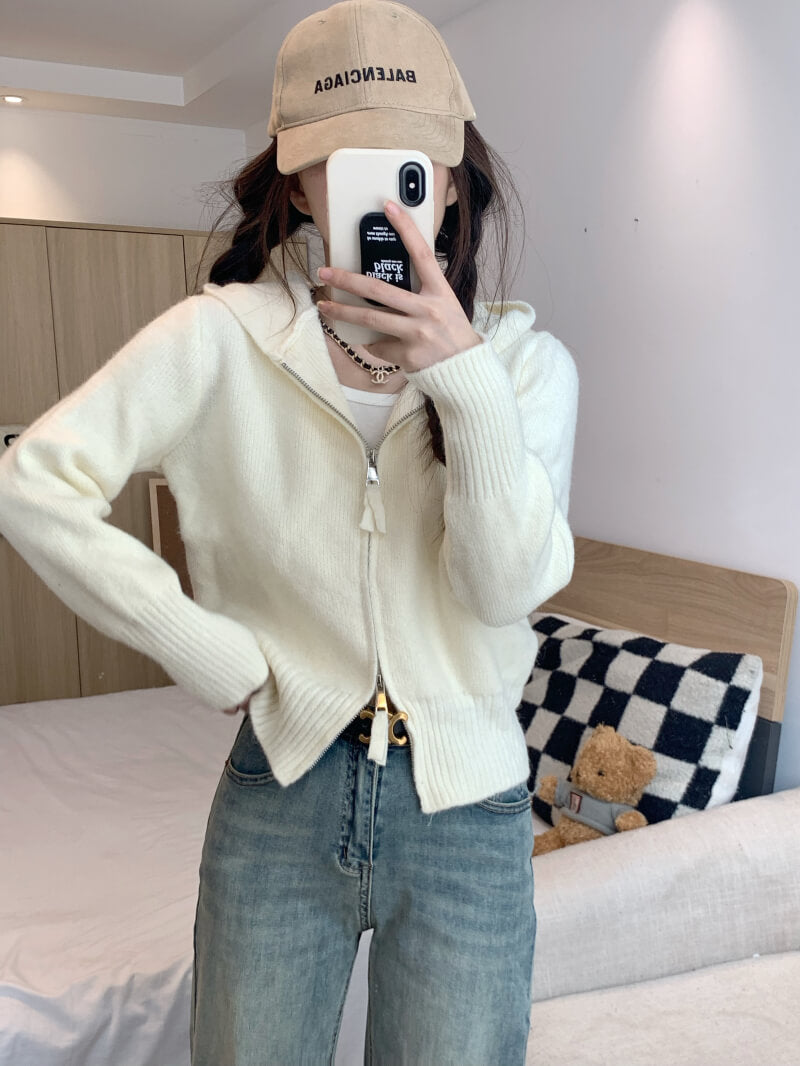 Double zipper knit hoodie cardigan, pastel slim-fit hooded sweater