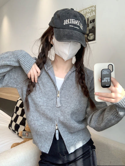 Double zipper knit hoodie cardigan, pastel slim-fit hooded sweater