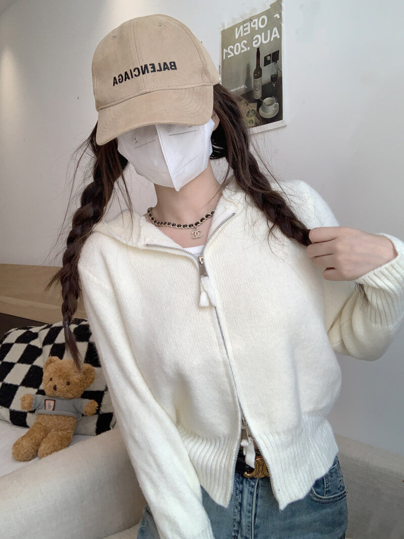 Double zipper knit hoodie cardigan, pastel slim-fit hooded sweater