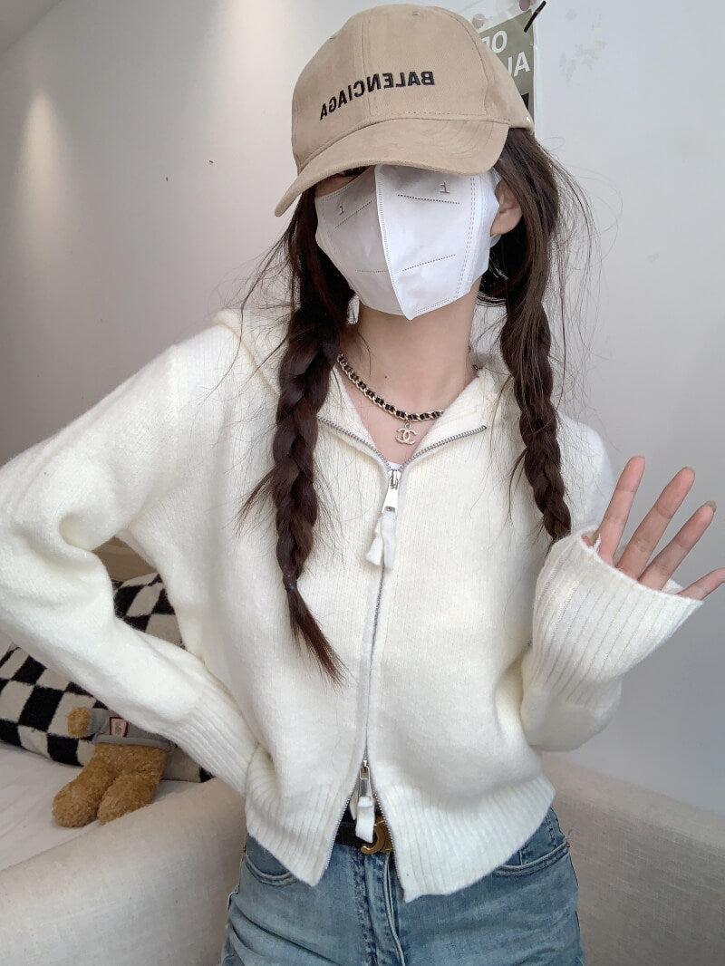 Double zipper knit hoodie cardigan, pastel slim-fit hooded sweater