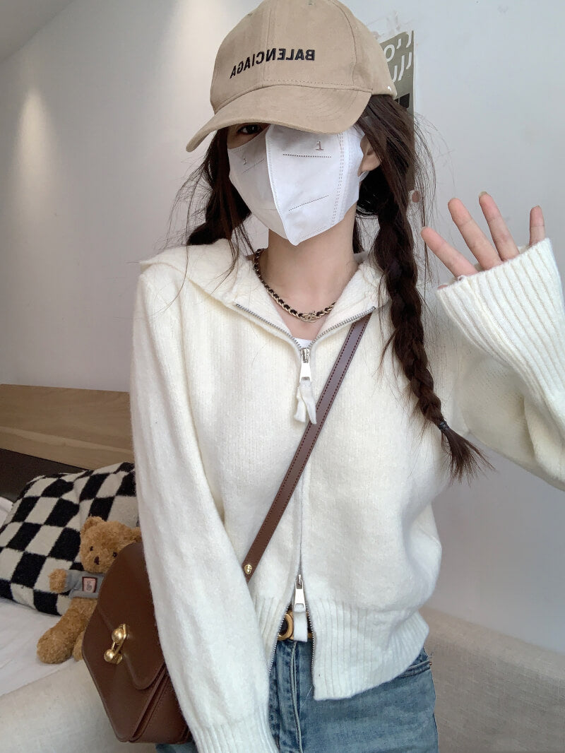 Double zipper knit hoodie cardigan, pastel slim-fit hooded sweater