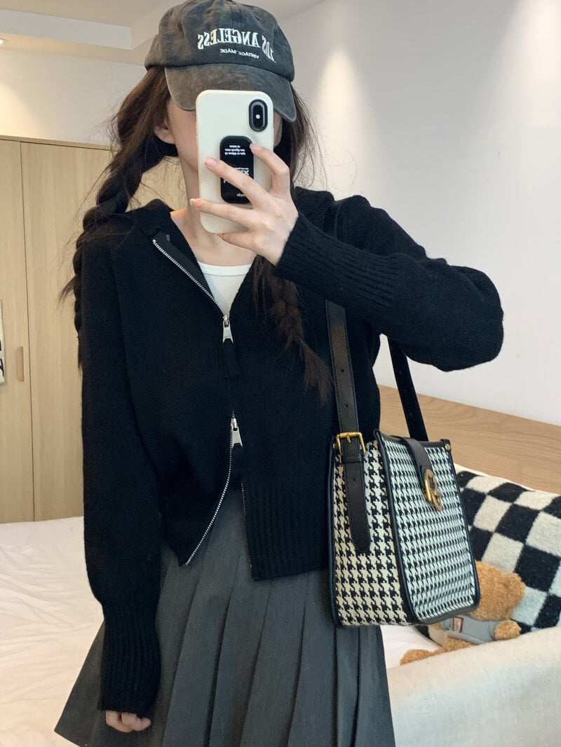 Double zipper knit hoodie cardigan, pastel slim-fit hooded sweater
