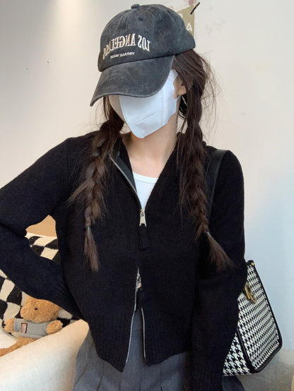 Double zipper knit hoodie cardigan, pastel slim-fit hooded sweater