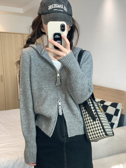 Double zipper knit hoodie cardigan, pastel slim-fit hooded sweater