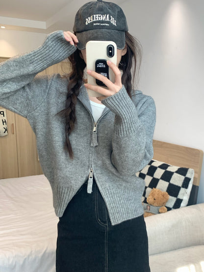 Double zipper knit hoodie cardigan, pastel slim-fit hooded sweater