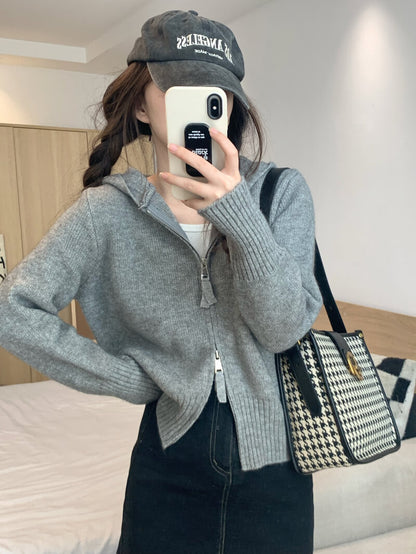 Double zipper knit hoodie cardigan, pastel slim-fit hooded sweater