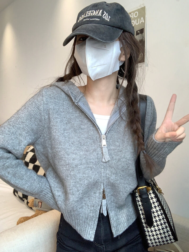 Double zipper knit hoodie cardigan, pastel slim-fit hooded sweater