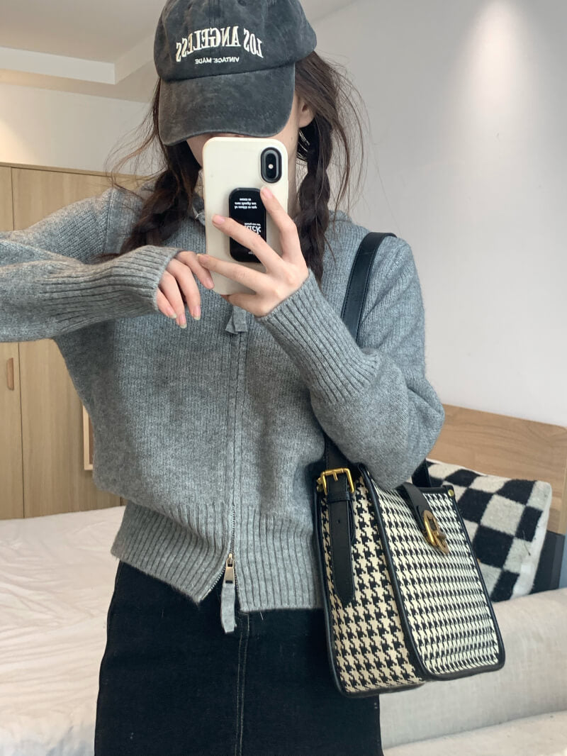 Double zipper knit hoodie cardigan, pastel slim-fit hooded sweater