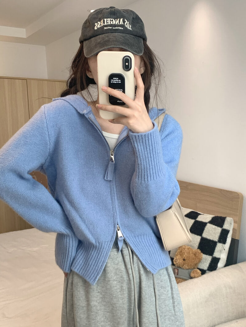 Double zipper knit hoodie cardigan, pastel slim-fit hooded sweater