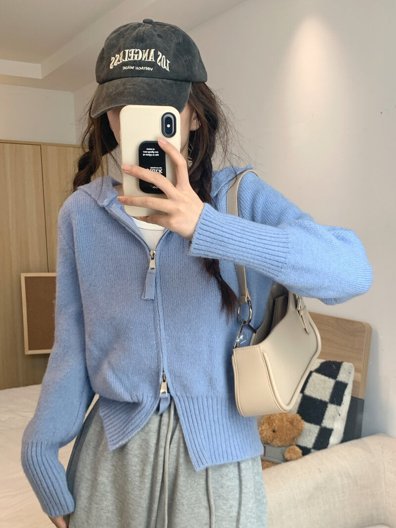 Double zipper knit hoodie cardigan, pastel slim-fit hooded sweater