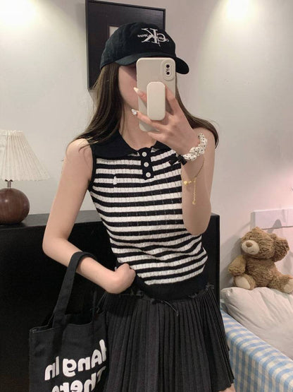 OOTDAY polo knit tank top, striped ice silk sleeveless top, breathable slim knitwear, summer tank for women, versatile knit vest with collar