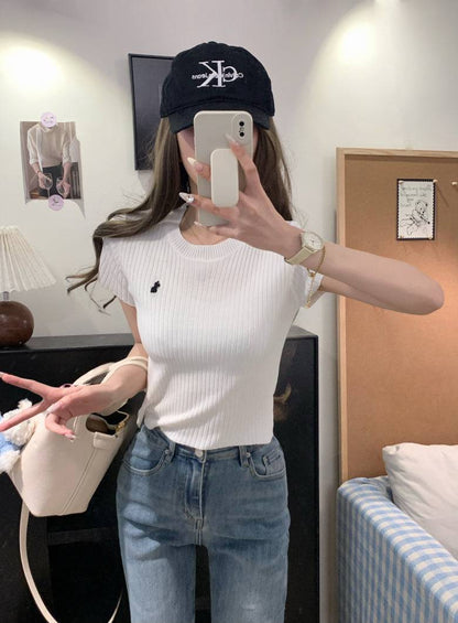 OOTDAY embroidered knit t-shirt, slim fit summer tee for women, sweet soft cotton top, breathable short sleeve knitwear, vintage style summer tee