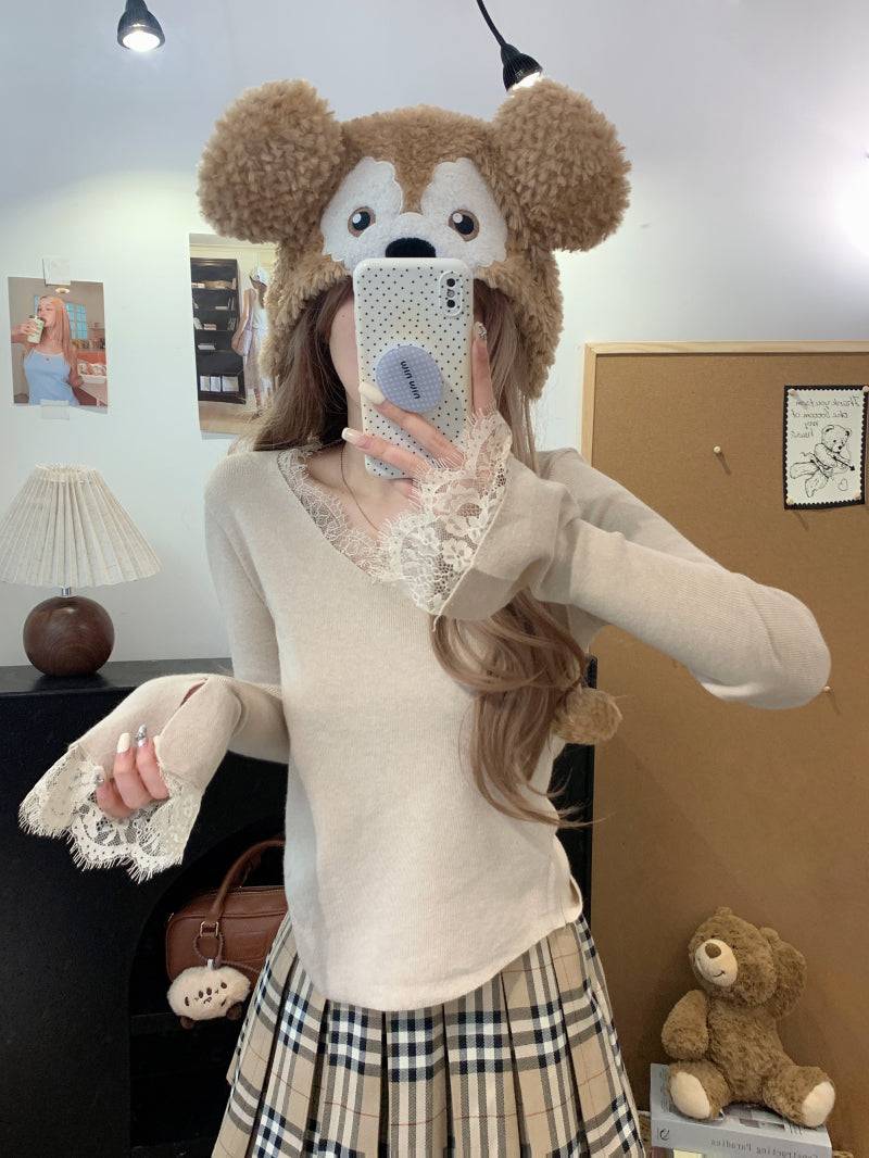 French lace knit top, V-neck pullover for girls, slim fit base layer, soft girl sweater spring, OOTDAY fashion