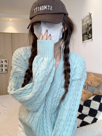 Loose striped V-neck knit sweater in pastel tones, sweet cozy pullover