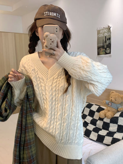 Loose striped V-neck knit sweater in pastel tones, sweet cozy pullover