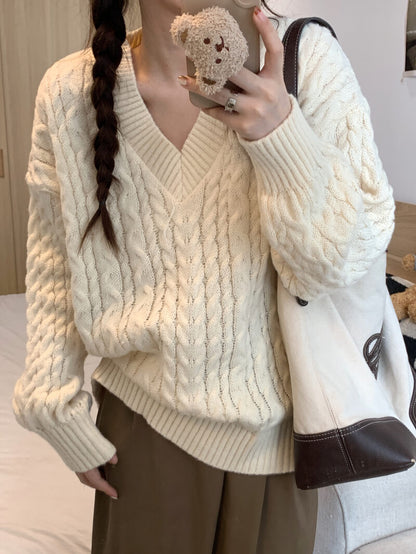 Loose striped V-neck knit sweater in pastel tones, sweet cozy pullover