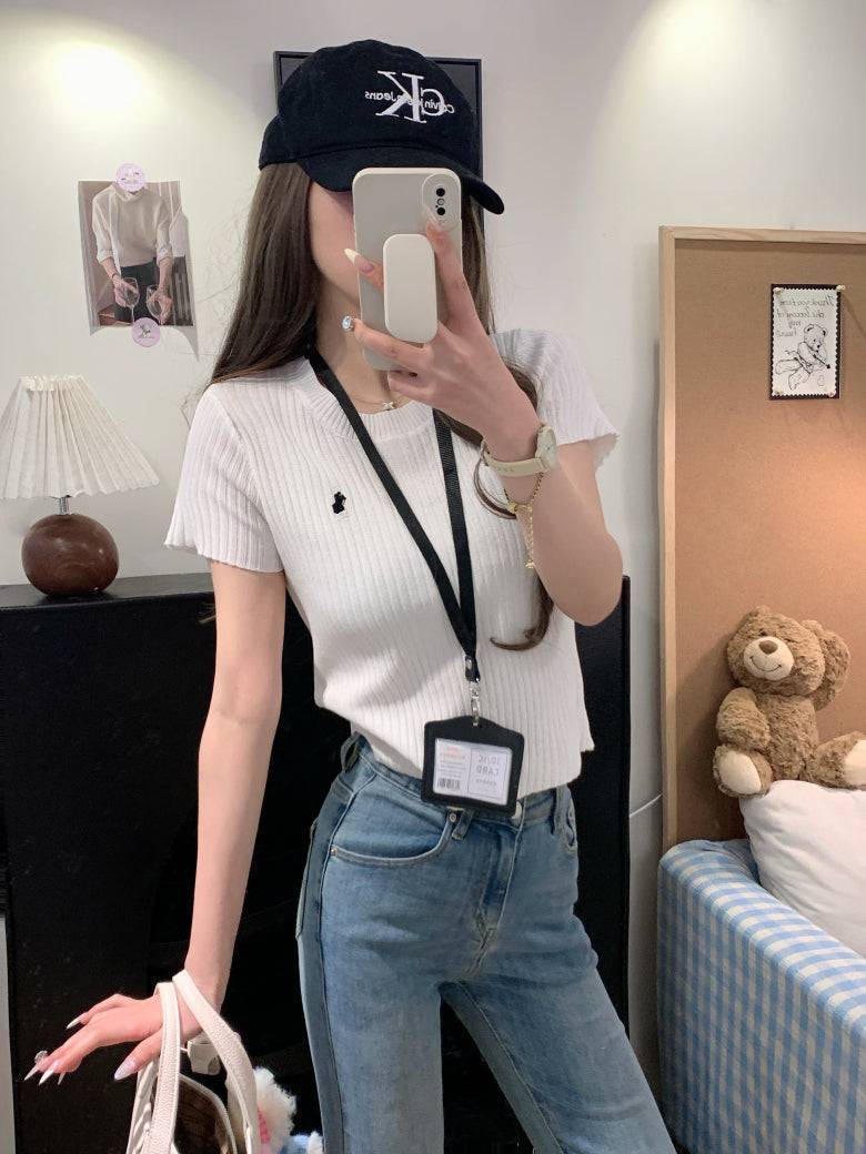 OOTDAY embroidered knit t-shirt, slim fit summer tee for women, sweet soft cotton top, breathable short sleeve knitwear, vintage style summer tee