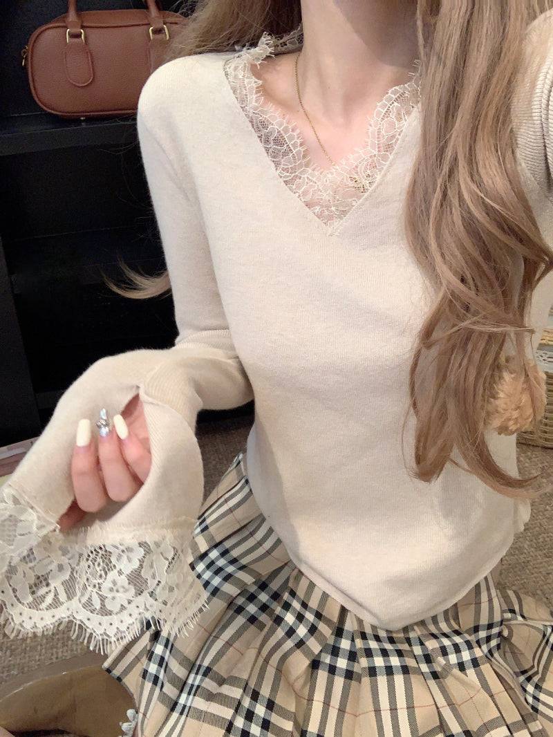 French lace knit top, V-neck pullover for girls, slim fit base layer, soft girl sweater spring, OOTDAY fashion