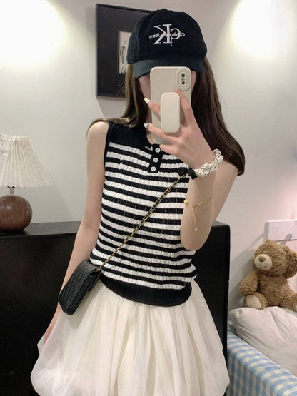 OOTDAY polo knit tank top, striped ice silk sleeveless top, breathable slim knitwear, summer tank for women, versatile knit vest with collar