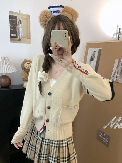 OOTDAY vintage knit cardigan, khaki striped sweater, oversized knit jacket, loose fit fall cardigan, sweet streetwear cardigan